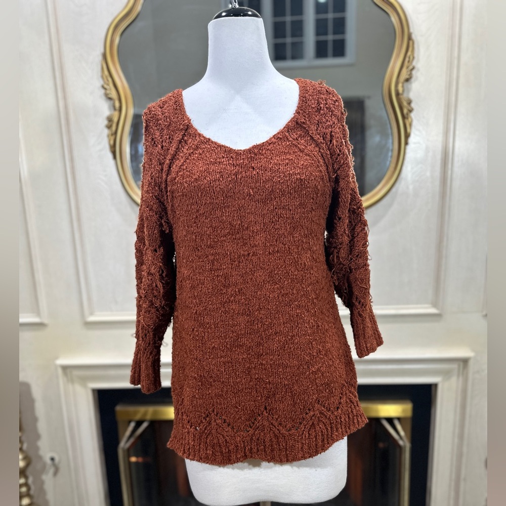 Pilcro Luna Pointelle Tunic Sweater Rust Brown Cottagecore Bohochic - Picture 2 of 11